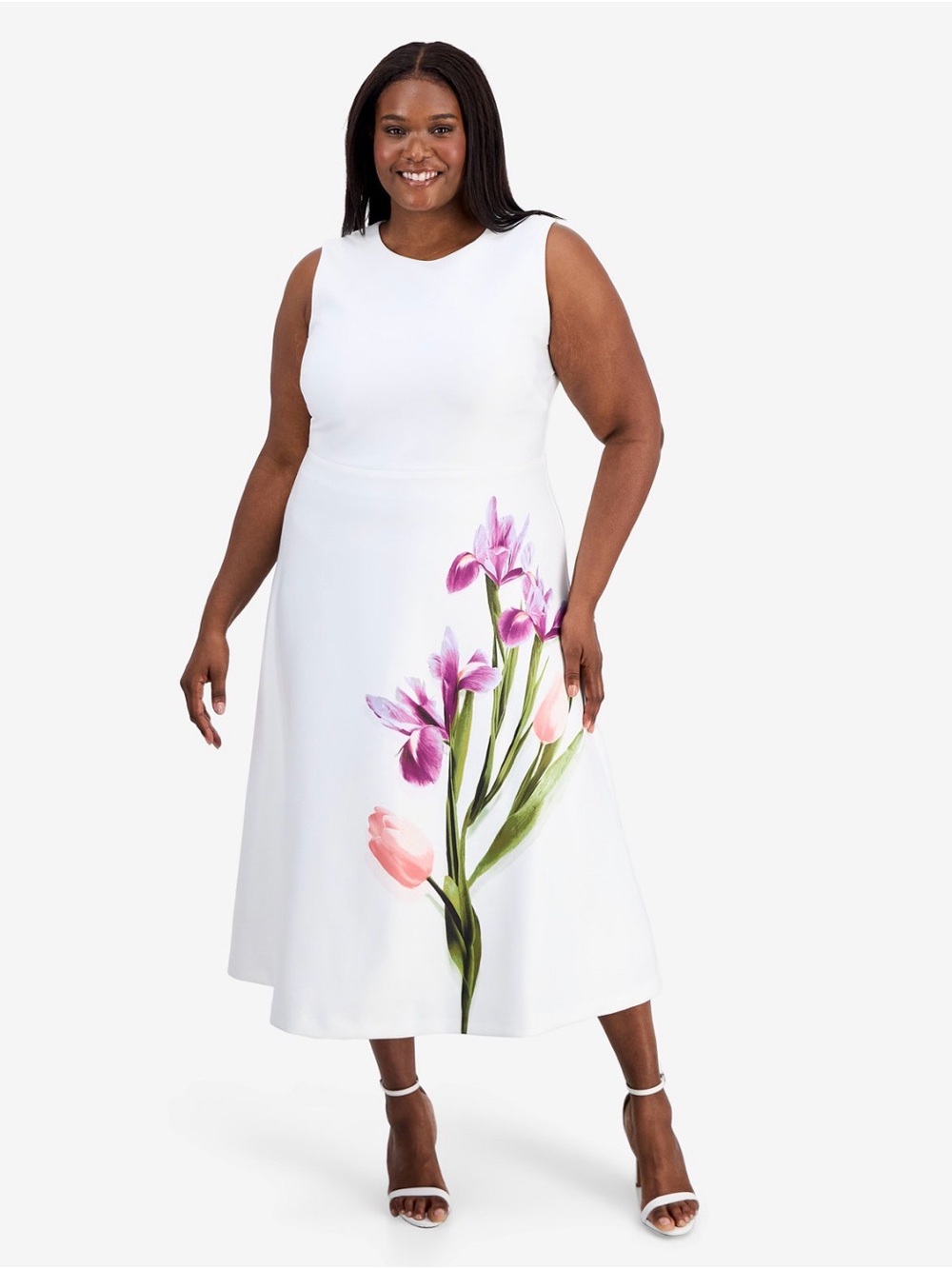 Anne Klein Plus Size Placed-Print Scuba Midi Dress - White, 16W